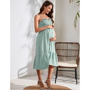 NWT Maternity Smocked Bust Ruffle Hemmed Sundress Adjustable Strap Sage Green